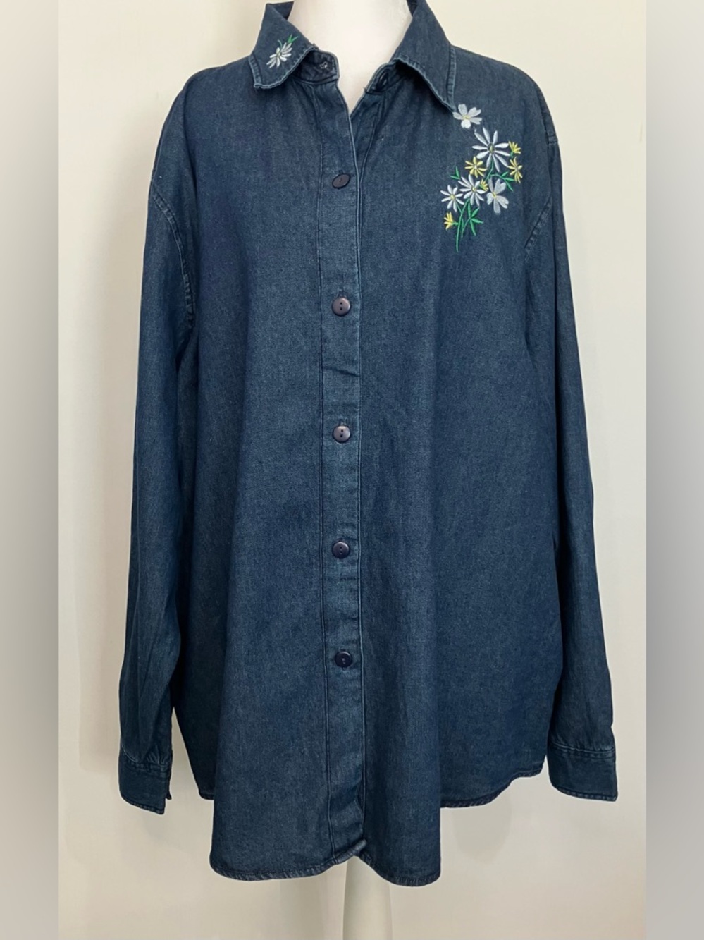 Collections Etc Blue Denim Button Down Shirt Floral Embroidered Country XXL 2X
